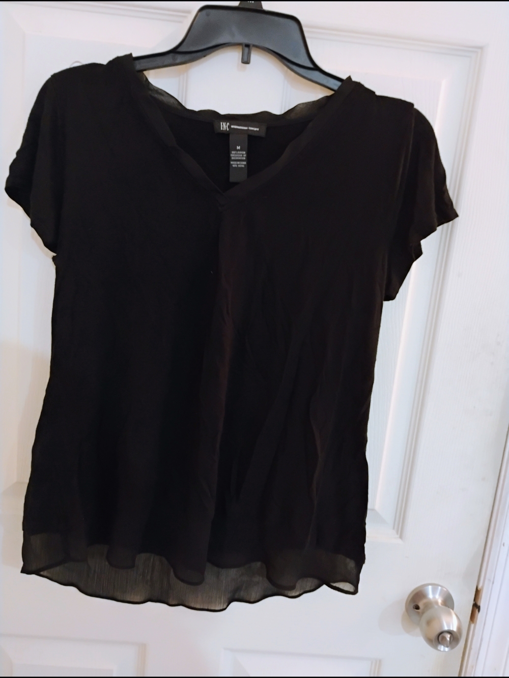 INC International Concepts Black V-Neck Short Sleeve Blouse